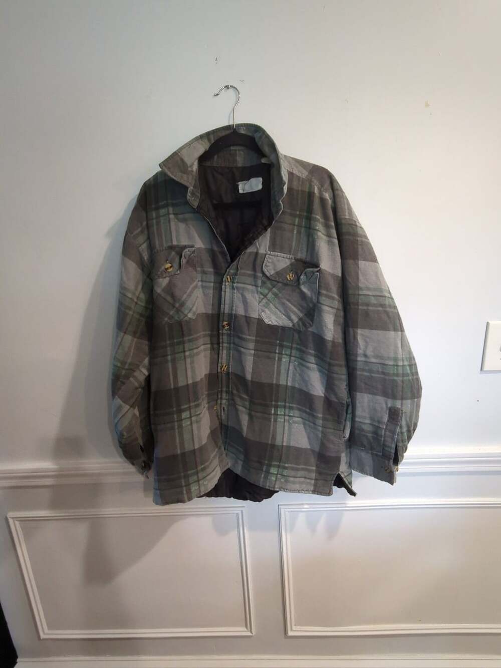 Genuine Dickies Men's Quilted Fleece Lined Plannel Shirt Jacket Grey Green Plaid